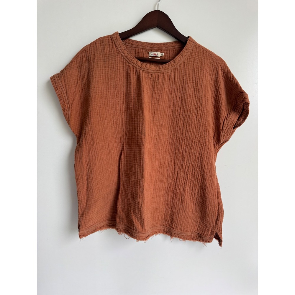 Faherty Organic Cotton Gauze Top Rust Terracotta Boho Raw Hem Short Sleeve Med
